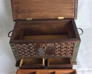 Carved Wood Box with Brass Hardware, 17" W x 9 1/2" H 9 1/2" D. 