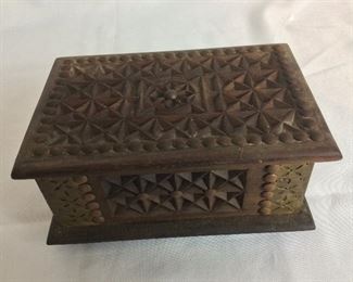 Carved Wood Box, 8 12" W x 4" H x 5 1/2" D.