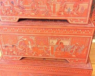 Carved Nesting Trunks, Burma. Small 19" W x 8" H x 11 1/2" D. Medium 21 1/2" W x 10 1/2" H x 13" D. Large 24" W x 13" H x 16" D.