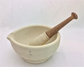 Mortar 10" W, Pestle 10 1/2" L. Warranted Acid Proof, Made in England.