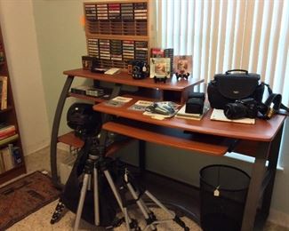 Office Desk with Rollout Tray. Cassette Tapes.