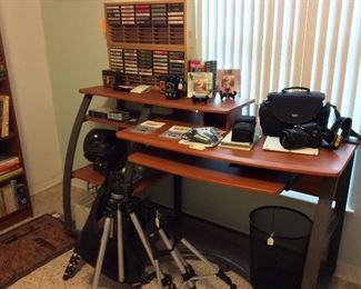 Office Desk with Rollout Tray. Cassette Tapes. 