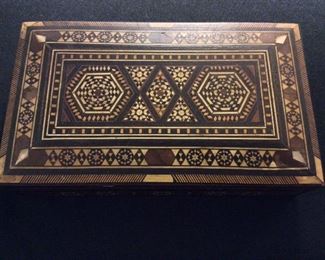 Wood Inlay Jewery Box, 8 3/4" W x 2 1/4" H x 5" D.