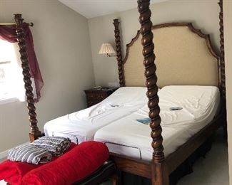 Available for presale. King size 4 poster bed by Emerson Furniture with Temper-pedic mattress. Excellent condition. $1,500. Call or text if interested!