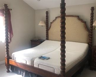Available for presale. King size 4 poster bed by Emerson Furniture with Temper-pedic mattress. Excellent condition. $1,500. Call or text if interested!