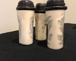 3 cricket pots. Carved in bone with erotic scenes.