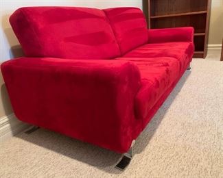 Modern Red Microfiber Sofa with Brushed Nickle Legs