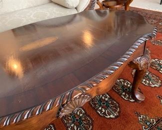 Mahogany Carved Edge Coffee Table with Center Medallion Inlay