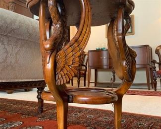 Three Leg Accent Table with Carved In Flight Swan, Pair Available