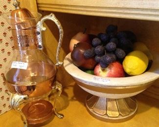 Copper & glass carafe; bowl of artificial fruit