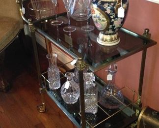 Brass & glass serving cart; more decanters