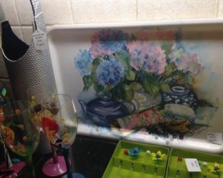Hand-painted glasses; floral tray