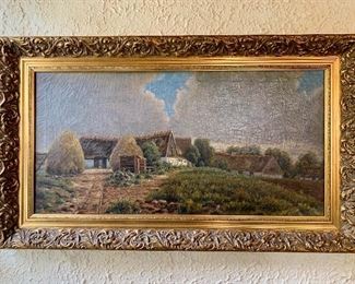 Signed original oil, “English Countryside”. Measures 27.5”h x 46.5” w. Artist initials NN.