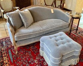Restoration Hardware settee. Custom upholstered ottoman. Excellent condition !