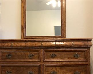 Bedroom Suite: Oak Dresser w Mirror and Pr Nightstands