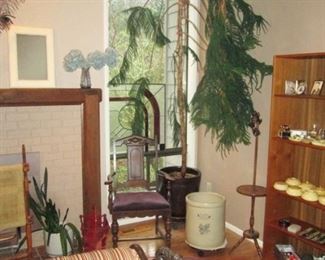 Living Room: Magazine Holder, Vintage Chair, #10 Crock, Vintage Table/Lamp, Vintage Small Rug, Large Norfolk Pine (Approx 10 feet tall)