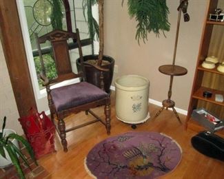 Living Room:  Magazine Holder, Vintage Chair, #10 Crock, Vintage Table/Lamp, Vintage Small Rug