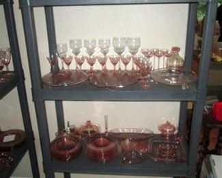 Living Room:  Large collection of Pink Depression glass - many patterns and pieces