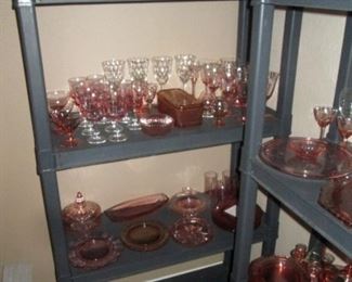 Living Room:  Large collection of Pink Depression glass - many patterns and pieces