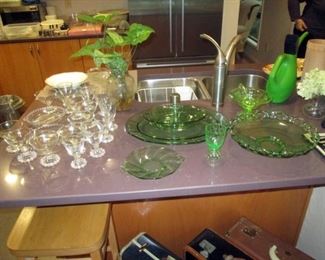 Kitchen Area:  Green Depression Glass, other elegant glass and crystal