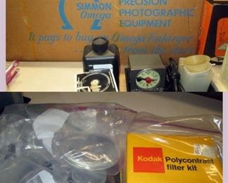 Garage:  Simon Omega Enlarger w/Lens, Aluminium Spacers, Box of Tinted Lens, 2 Half-Moon Thick glass pieces,  Extra Lens 