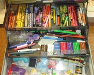 Garage:  In Grey Box-Crayons, Clay, Pencils, Pens, Brushes, Stamp pads, Glue Sticks, Other Stuff
