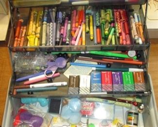 Garage: In Grey Box-Crayons, Clay, Pencils, Pens, Brushes, Stamp pads, Glue Sticks, Other Stuff