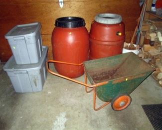 Garage: Bins, Rain Barrels, Garden Cart