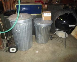 Garage:  Metal Trash Cans, Grill