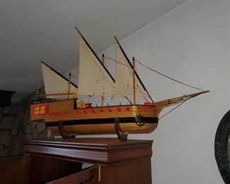 Large, hand carved wooden ship model by the late local artist Kenneth Floyd. Extremely detailed. 