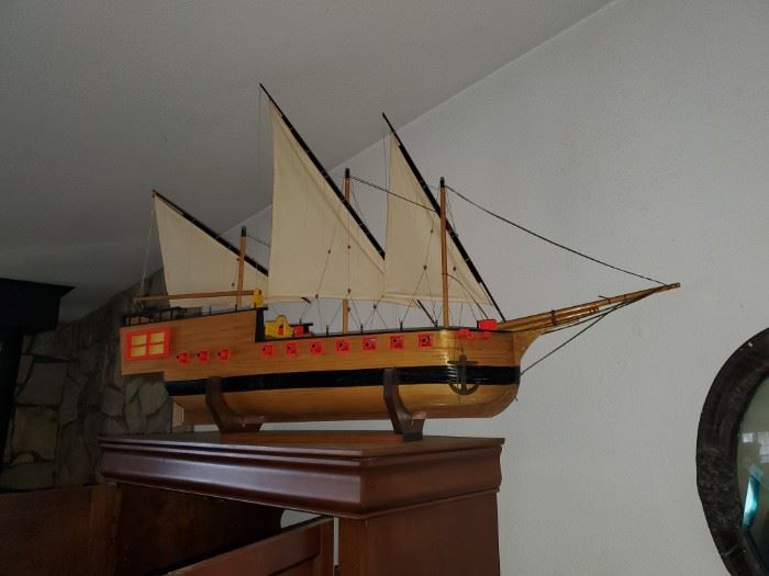 Large, hand carved wooden ship model by the late local artist Kenneth Floyd. Extremely detailed. 