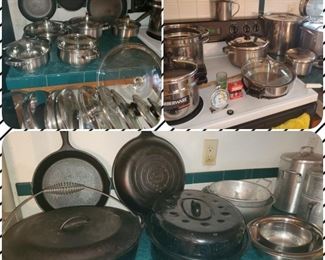 Stainless pots/pans, Cast iron skillets & dutch oven, enamel roaster, & more