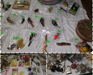 Fishing lures/plugs & LOTS of tackle including Heddon plugs, My Buddy minnow bucket, & more.