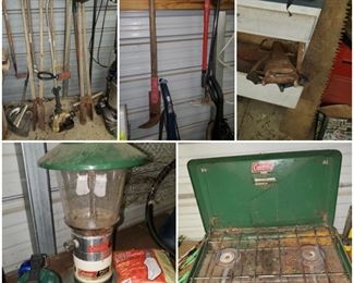 Coleman lantern & stove, various yard tools including weed eaters, hand saws, and more. 