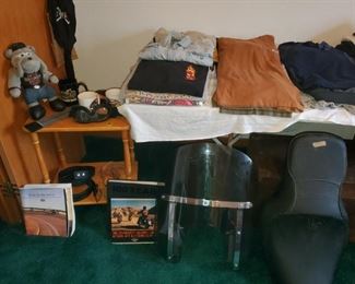 Harley Davidson leather seat, windshield, leather belts, clothing, books, and more. 