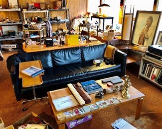 mid-century black leather sofa/pull-out futon