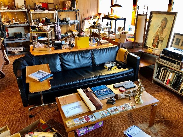 mid-century black leather sofa/pull-out futon