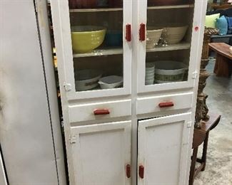 antiques kitchen hutch, vintage pyrex 