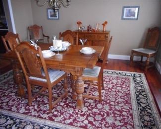 Antique Oak Hand Carved Dining Table. This Set is from GR GR Grandparents Farm was in Upstate, NY. Room Rug Made in Belgium NOEILITY Collection 7x10