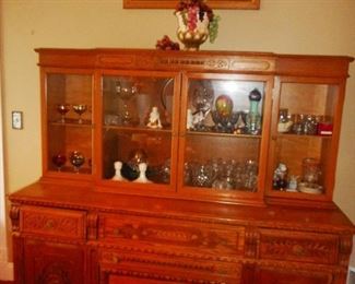 Antique (1800's) Hand Carved Oak 2 Piece . Glass Hutch Cabinet/Side Board/Storage/Drawers