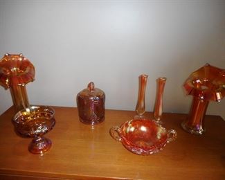 Vintage Carnival Marigold Jack in the Pulpit Vases, Carnival Glass Biscuit Jar, Centerpiece