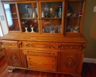 Antique Hand Carved Oak Side Board/Hutch