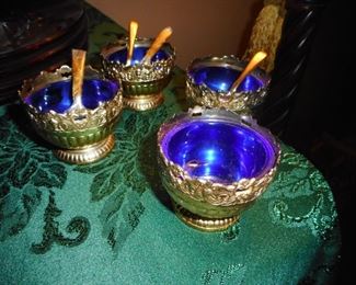 Vintage Gold Tone, Inside Cobalt Glass Salts