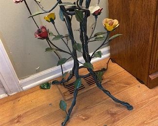 Hand Tooled Metal Flowers, Glass Top Occasional Table