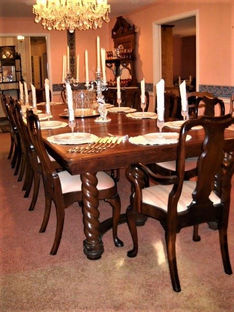 12' 3" BARLEY TWIST DINING TABLE AND 12 CHAIRS