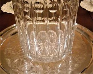 LARGE CRYSTAL BOWL AND LARGE SILVER PLATE SERVING TRAY