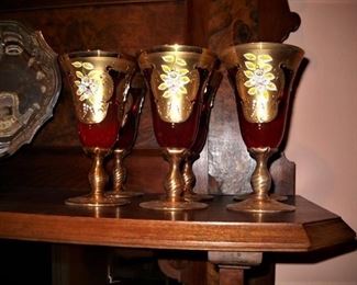 BOHEMIAN / CZECH ENAMEL & 24 K ON RUBY WATER SET