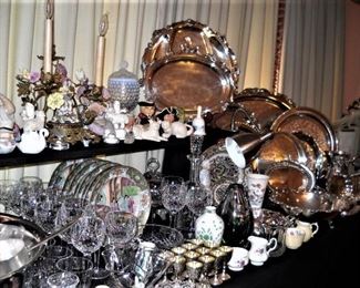 SILVER PLATE SERVING PIECES AND LISMORE WATERFORD CRYSTAL