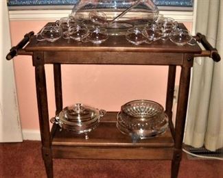 WOOD TEA CART WITH PUNCH BOWL SET