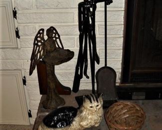 CAST IRON CAT AND FIREPLACE TOOLS
